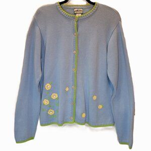 Vintage Pendleton Cardigan Light Blue Embroidered Yellow Flowers 100% Cotton XL